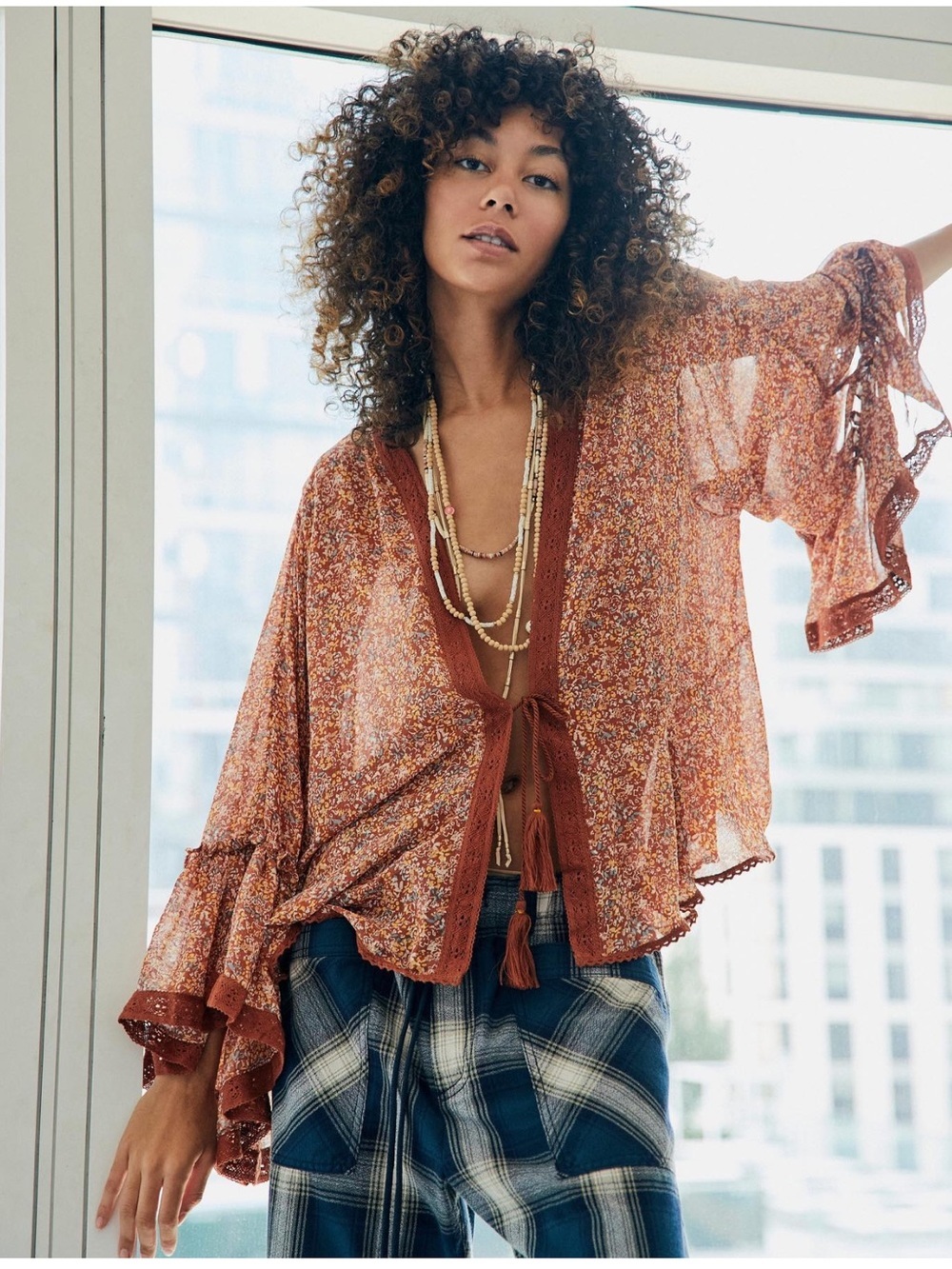 Free People Lola Kimono burnt orange floral flowy bell sleeves tie tassels
